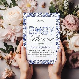 Elegant Blue Toile de Jouy och Bow Baby Shower Inbjudningar