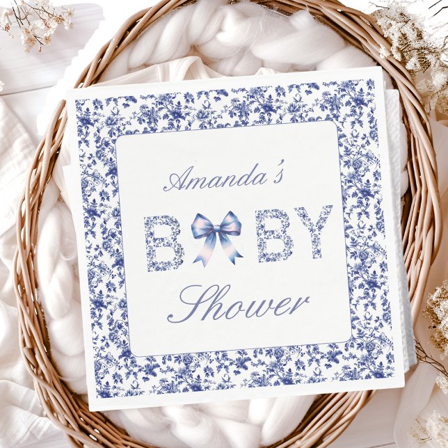 Elegant Blue Toile de Jouy och Bow Baby Shower Pappersservett (Skapare uppladdad)