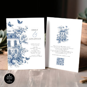 Elegant Blue Toile De Jouy QR Code Bröllop Inbjudningar