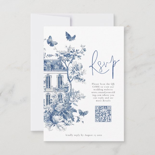 Elegant Blue Toile De Jouy QR Code Bröllop OSA Kort (Framsida)