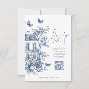 Elegant Blue Toile De Jouy QR Code Bröllop OSA Kort