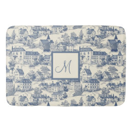 Elegant Blue Toile de Jouy Village Scene Badrumsmatta