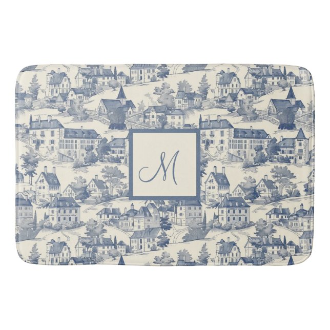 Elegant Blue Toile de Jouy Village Scene Badrumsmatta (Framsidan)