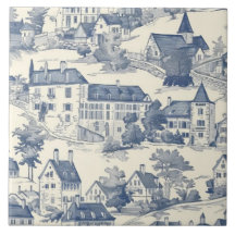 Elegant Blue Toile de Jouy Village Scene