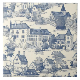 Elegant Blue Toile de Jouy Village Scene Kakelplatta
