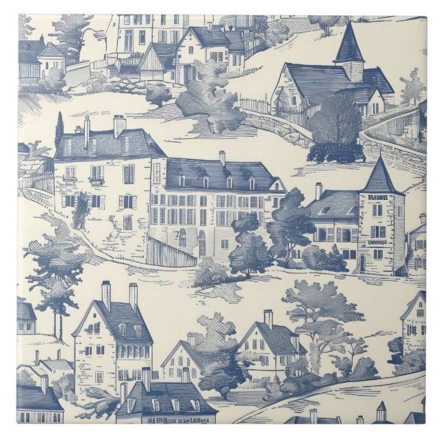 Elegant Blue Toile de Jouy Village Scene Kakelplatta (Framsidan)