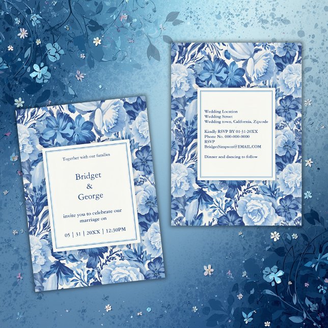 Elegant Blue Toile Floral Chinoiserie Wedding Inbjudningar (Skapare uppladdad)