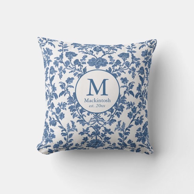 Elegant Blue Toile Monogram Dekorativ kudde (Framsida)