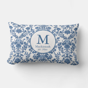 Elegant Blue Toile Monogram Lumbar Pillow Lumbarkudde
