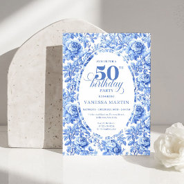 Elegant Blue Toile Rose 50th Birthday Invitation Inbjudningar