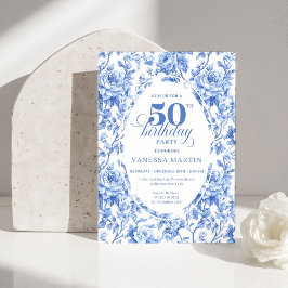 Elegant Blue Toile Rose Floral 50th Birthday Invit Inbjudningar
