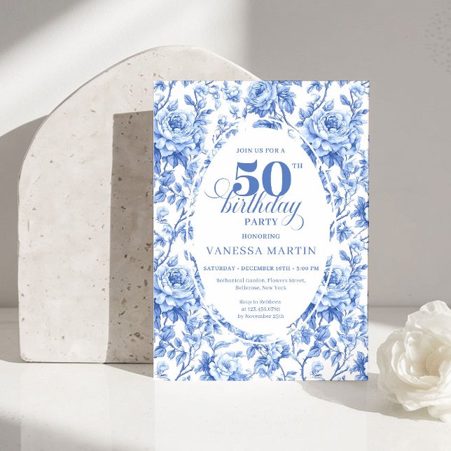 Elegant Blue Toile Rose Floral 50th Birthday Invit Inbjudningar (Elegant Blue Toile Rose Floral 50th Birthday Invitation)