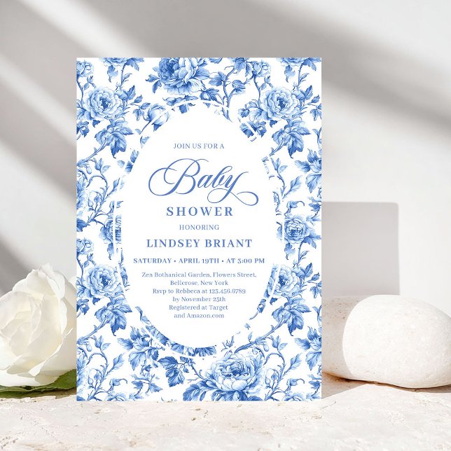 Elegant Blue Toile Rose Floral Baby Shower Invite Inbjudningar (Elegant Blue Toile Rose Floral Baby Shower Invitation)