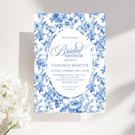 Elegant Blue Toile Rose Floral Bridal Shower Invit Inbjudningar