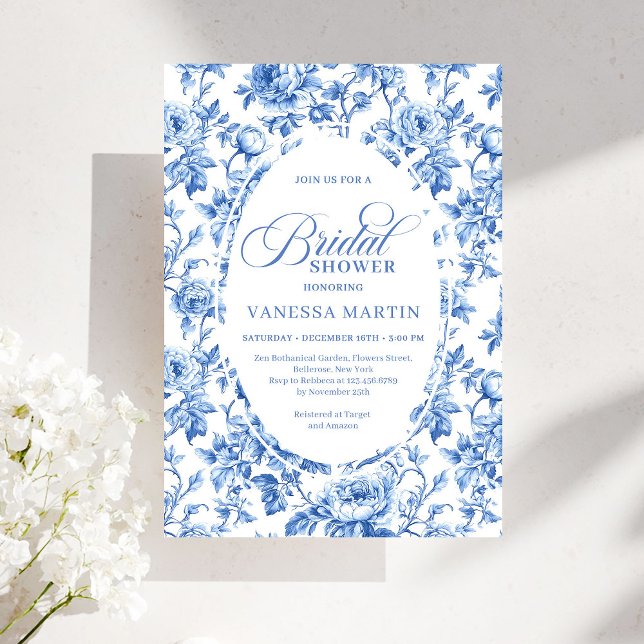 Elegant Blue Toile Rose Floral Bridal Shower Invit Inbjudningar (Elegant Blue Toile Rose Floral Bridal Shower Invitation)