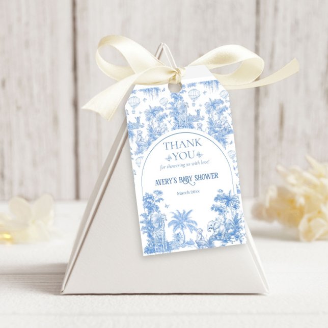 Elegant Blue Toile Safari Boy Shower Presentetikett (Skapare uppladdad)
