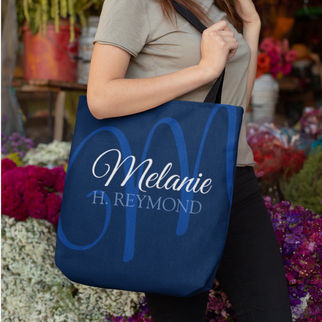 Elegant Blue Tote Bag med hennes namn och första Tygkasse (stylish blue monogram)