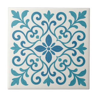 Elegant Blue & Turquoise Mediterranean Floral Tile Kakelplatta