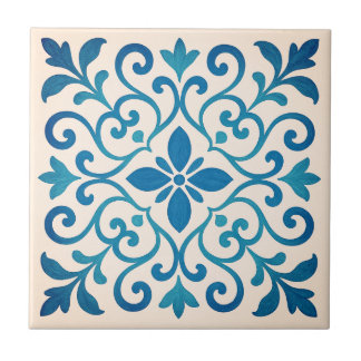 Elegant Blue & Turquoise Mediterranean Floral V2 Kakelplatta