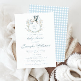 Elegant Blue-Vapensköld med Stork Pojke Shower Inbjudningar