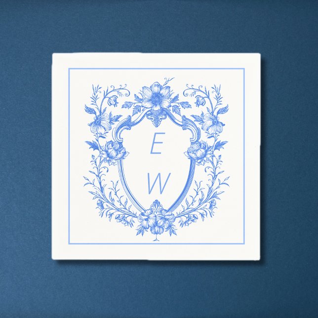 Elegant Blue Vapensköld Monogram Bröllop Pappersservett (Elegant Blue Crest Monogram Wedding Napkins)
