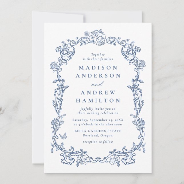 Elegant Blue Victorian Floral All in One Wedding Inbjudningar (Framsida)