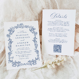 Elegant Blue Victorian Floral All in One Wedding Inbjudningar