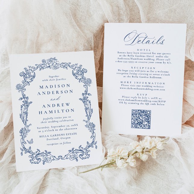 Elegant Blue Victorian Floral All in One Wedding Inbjudningar (Skapare uppladdad)