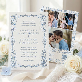 Elegant Blue Victorian Photo QR Code RSVP Wedding Inbjudningar