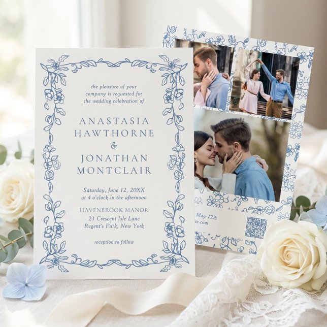 Elegant Blue Victorian Photo QR Code RSVP Wedding Inbjudningar (Skapare uppladdad)