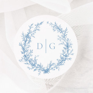 Elegant Blue Victorian Vapensköld Bröllop Runt Klistermärke