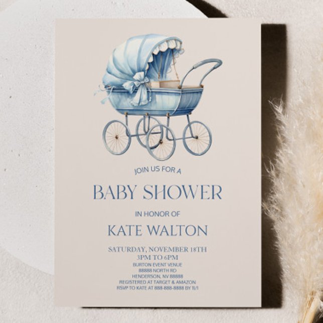 Elegant Blue Vintage Baby Carriage Baby Shower Inbjudningar (Skapare uppladdad)