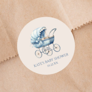 Elegant Blue Vintage Baby Carriage Baby Shower Runt Klistermärke