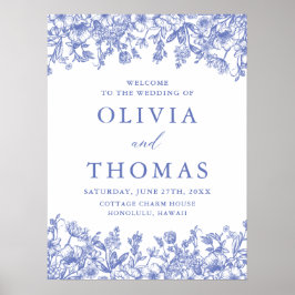 Elegant Blue Vintage Blommigt Wildblomma Bröllop Poster