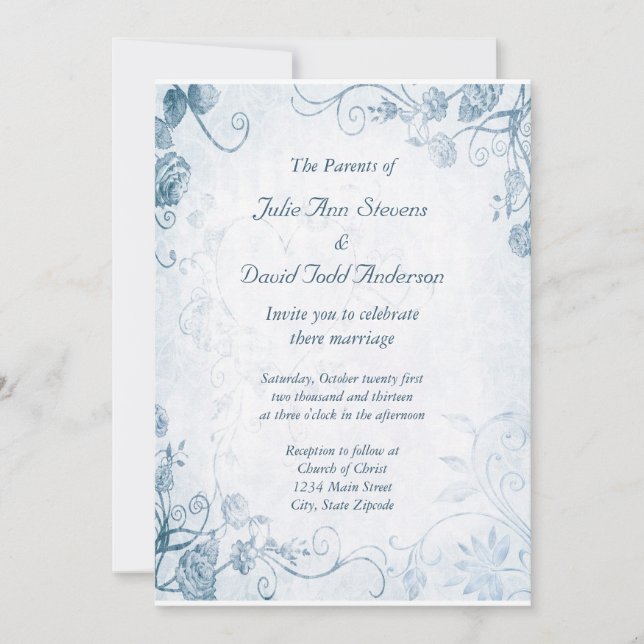 Elegant Blue Vintage bröllop Inbjudningar (Framsida)