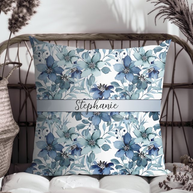 Elegant Blue Vintage Chintz Mönster Monogram Kudde (Skapare uppladdad)