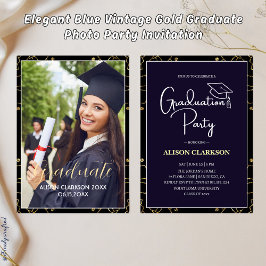 Elegant Blue Vintage Guld Student Photo Party Inbjudningar