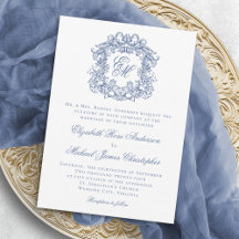 Elegant Blue Vintage Monogram Vapensköld Bröllop