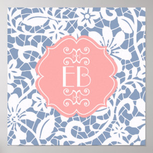 Elegant Blue Vintage Snöre Personlig Monogram Poster
