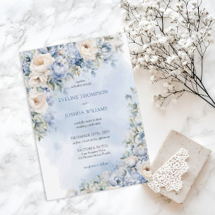 Elegant blue & vit ros eucalyptus guld bröllop inbjudningar
