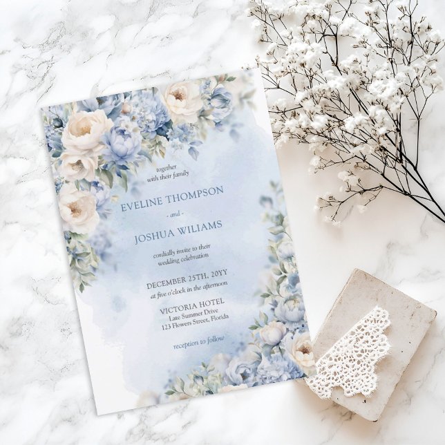Elegant blue & vit ros eucalyptus guld bröllop inbjudningar (Watercolor light blue and white roses greenery wedding digital invitation)