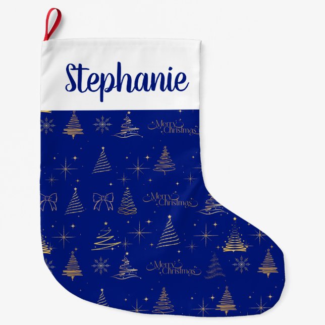 Elegant Blue W/ Gold Christmas Tree Doodles  Stor Julstrumpa (Framsidan)