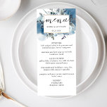 Elegant Blue Watercolor and Blommigt, Bröllop-meny Meny<br><div class="desc">Önska dina gäster med det här elegant-menykortet. Ange separat design med en unik flytande blå vattenfärg och blommigt överst. Blommor och löv i dammblått, marinblått, vitt, grått och sagetoner. Lägg till din egen menyinformation på framsidan och namn, eller till och med gästens namn på baksidan om du vill använda använda-menyn...</div>