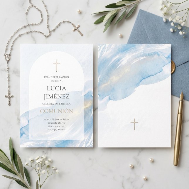 Elegant Blue Watercolor Arch First Communion Inbjudningar (Elegant Blue Watercolor First Communion Invitation)