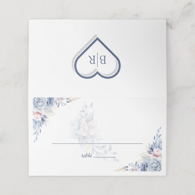 Elegant Blue Watercolor Blommigt Bröllop Placeringskort (Utvändigt utvikt)