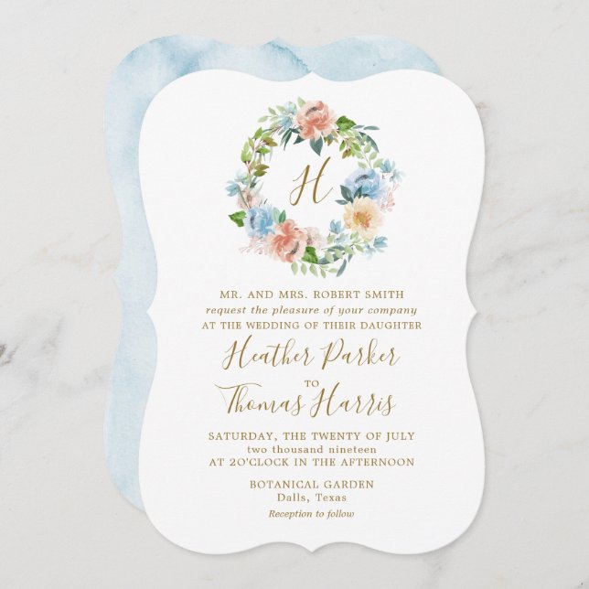 Elegant Blue Watercolor Blommigt Monogram Bröllop Inbjudningar (Fram/baksida)