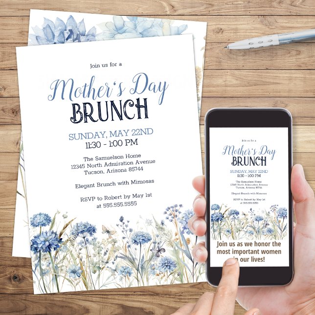 Elegant Blue Watercolor Blommigt Mors dag Brunch Inbjudningar (Elegant Blue Wildflowers Watercolor Flower and Butterfly Mother's Day Brunch Invitation)