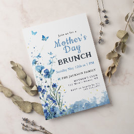 Elegant Blue Watercolor Blommigt Mors dag Brunch Inbjudningar