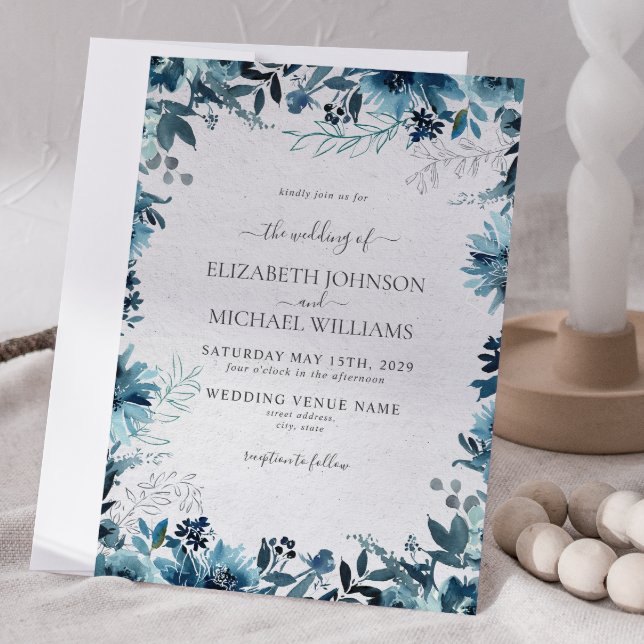 Elegant Blue Watercolor Botanical Winter Wedding Inbjudningar (Winter Wedding Invitation)