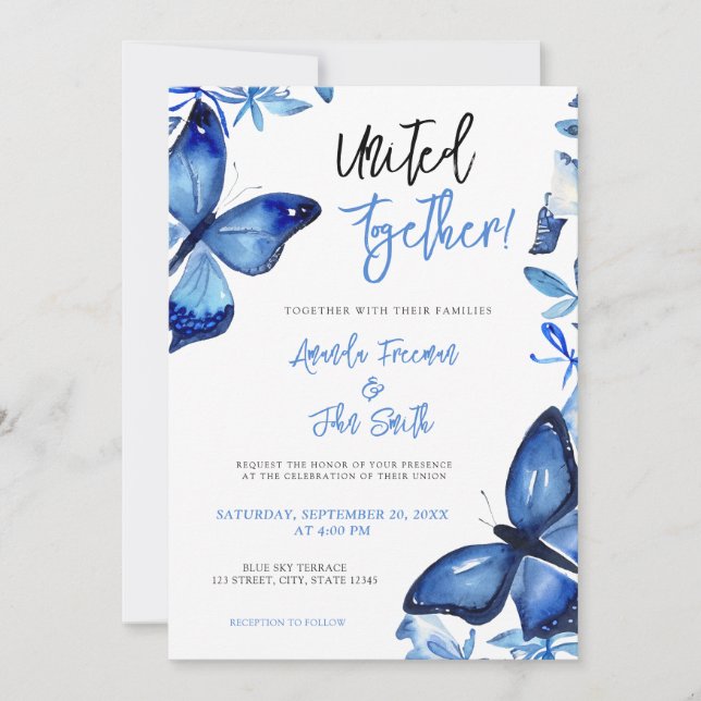 Elegant Blue Watercolor Butterflies Bröllop Inbjudningar (Framsida)
